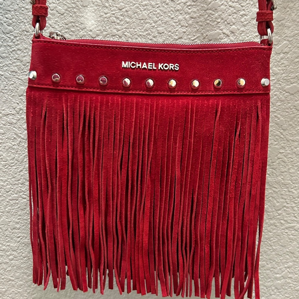 Michael Kors Bespoke Red Suede Fringed Crossbody Bag NWOT